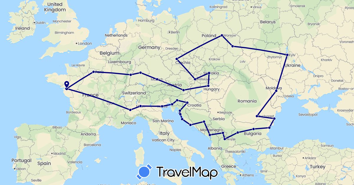 TravelMap itinerary: driving in Austria, Bosnia and Herzegovina, Bulgaria, Czech Republic, Germany, France, Croatia, Hungary, Italy, Moldova, Montenegro, Macedonia, Poland, Romania, Slovenia, Slovakia, Ukraine (Europe)